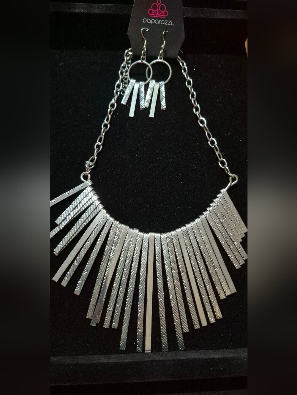 paparazzi Silver Textured Fringe Bib Necklace with Matching Earrings